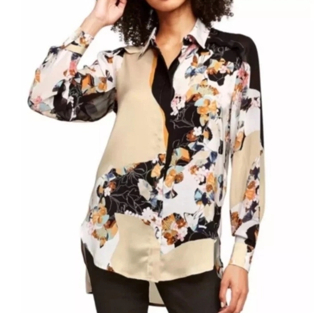 nwt‎ 3.1 PILLIP LIM size XS Long Sleeve Floral Art Mix Print Button Up Tan Black